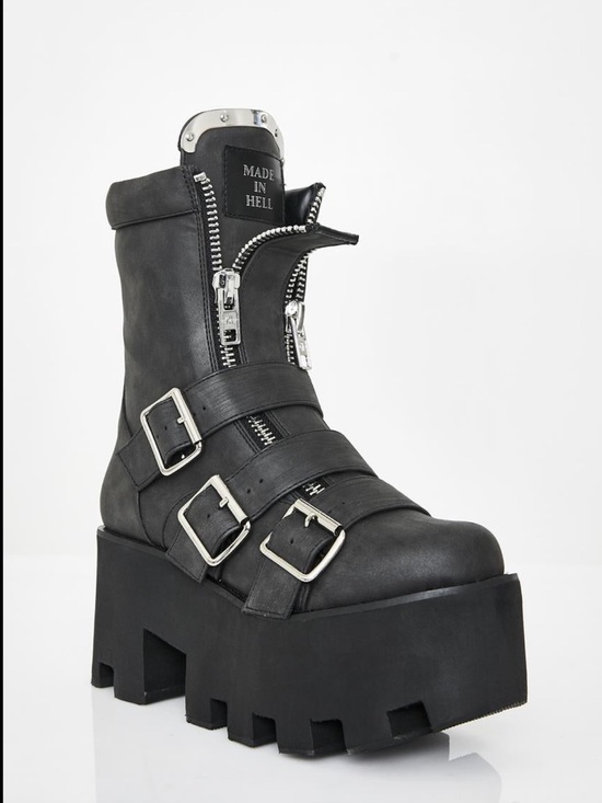 Killstar Shoes - Killstar ‘Made in Hell’ Black Platform Biker Boot with Buckles